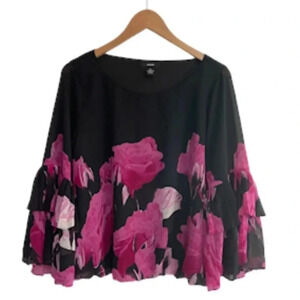 Women’s Medium Black Pink Blouse‎ Tiered Bell Sleeve Floral Fairy Whimsigoth